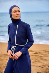 Burkini Modest Swimwear Set 4-teilig marineblau mit weißen Streifen Marina M2506-2 - muslimische Bademode mit Tunika, Leggings, Hijab und Bustier